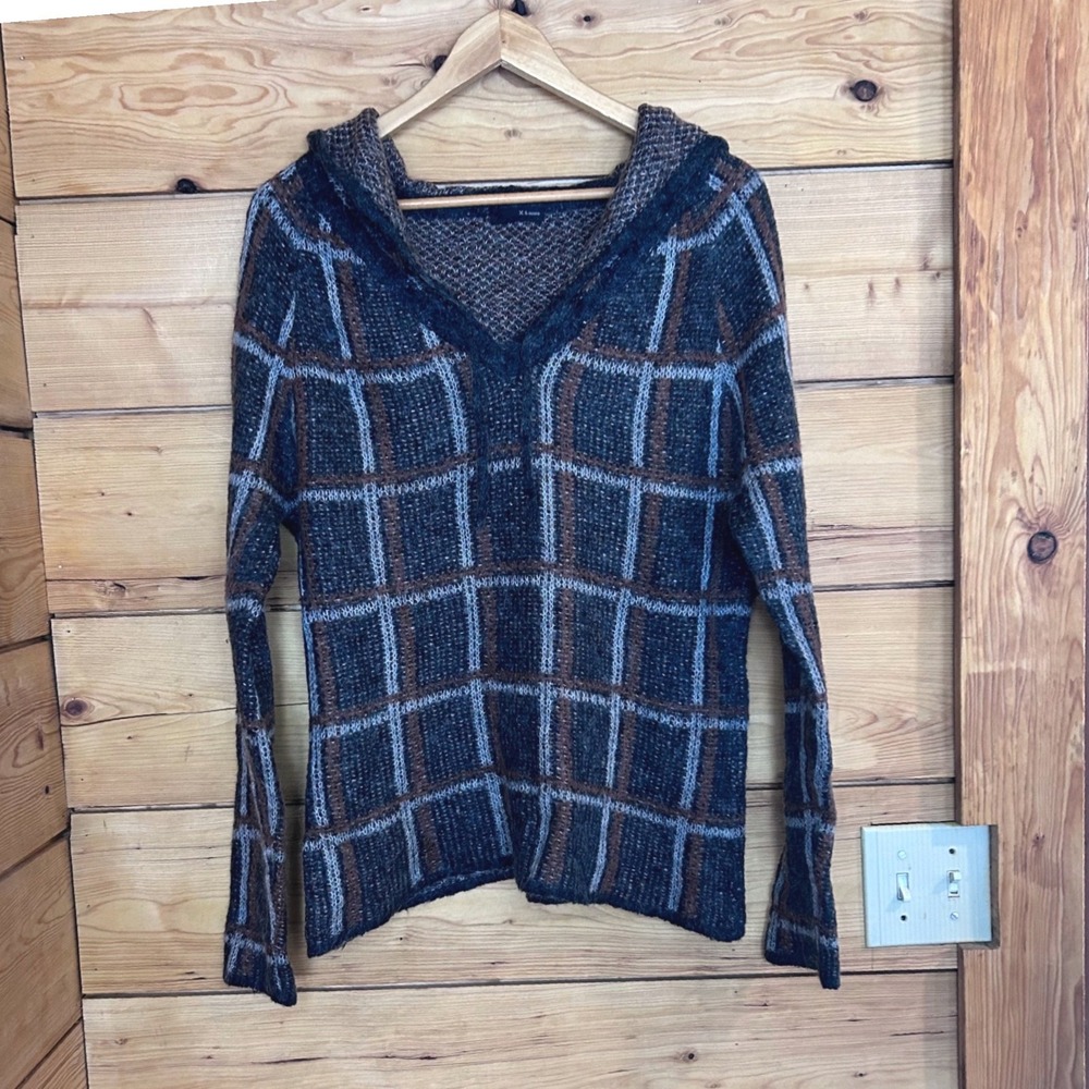 Vintage Mohair Windowpane Plaid Hoodie Sweater Womens Large Blue Brown X & more